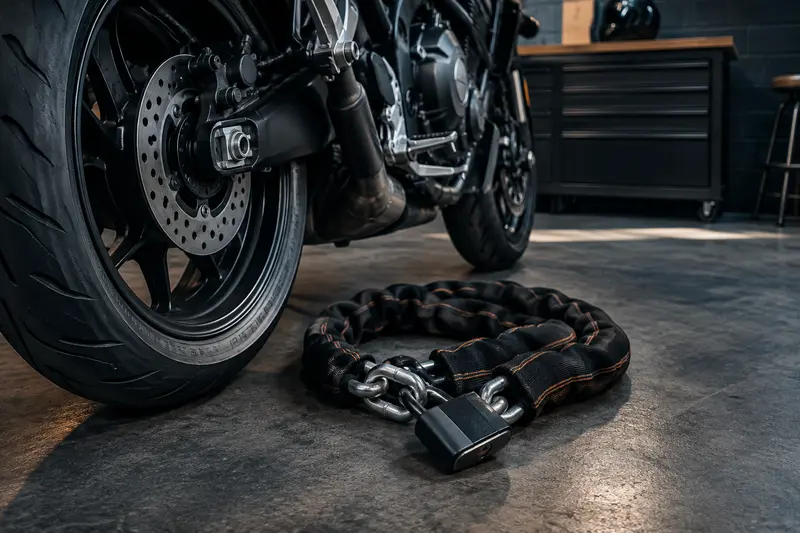 Chaîne antivol avec cadenas et gaine posée près d’une moto