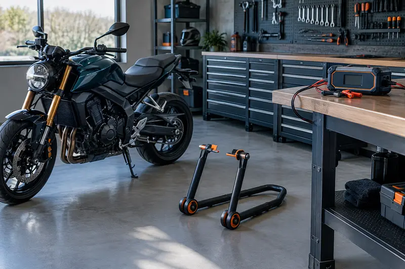 Béquille d’atelier et chargeur de batterie disposés près d’une moto