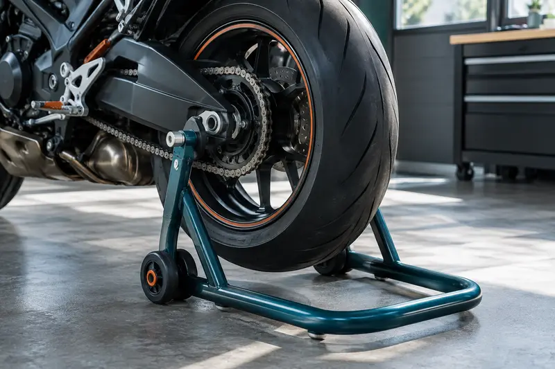Béquille d’atelier soutenant l’arrière d’une moto dans un garage