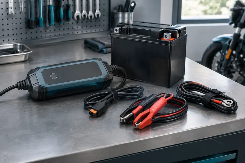 Chargeur de batterie moto et câbles posés sur un établi d’atelier
