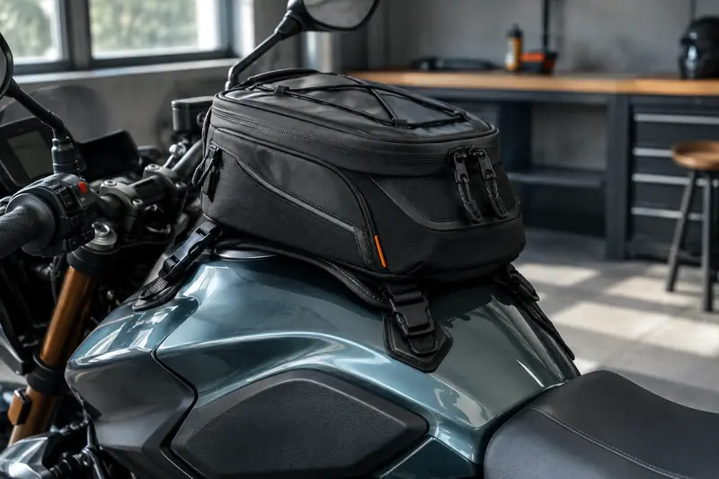 Sacoche de réservoir sombre fixée sur une moto dans un atelier
