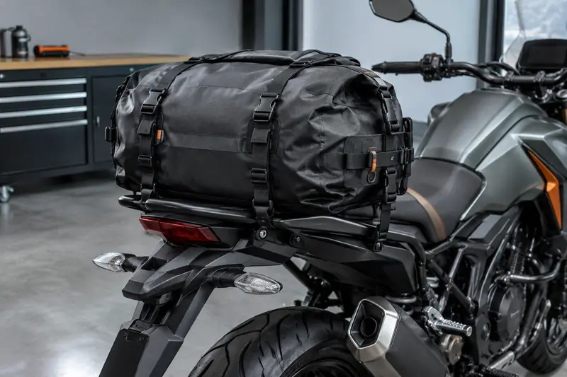 Sacoche souple installée sur la selle arrière d’une moto