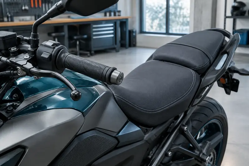 Détails du guidon et de l’assise d’une moto équipée pour le confort