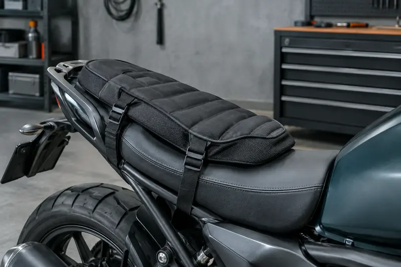 Coussin de selle moto avec sangles de fixation posé sur une assise