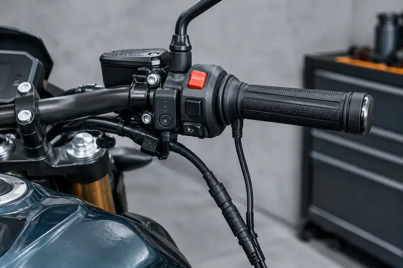 Poignées chauffantes et commande montées sur le guidon d’une moto