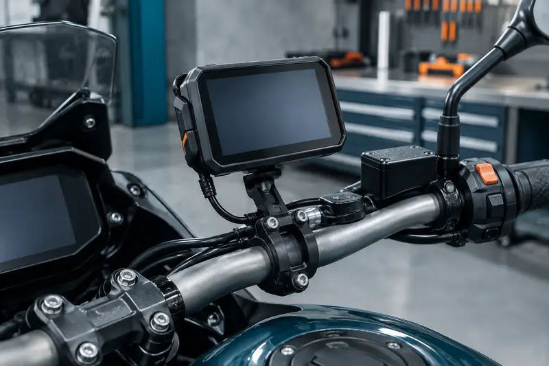 GPS dédié installé sur le guidon d’une moto à l’arrêt