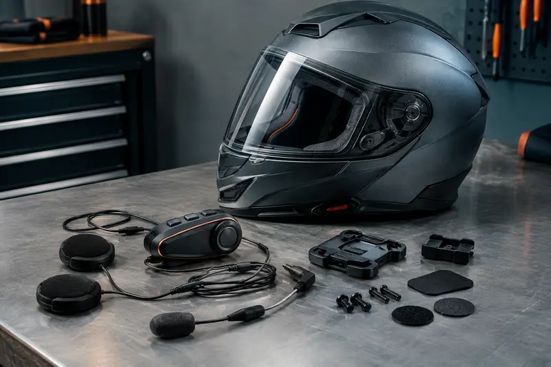 Kit intercom moto et accessoires de montage près d’un casque
