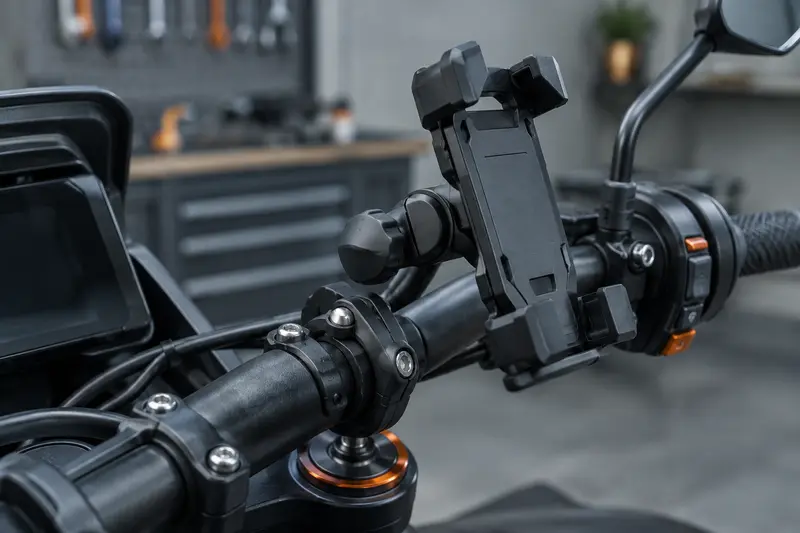Support de téléphone fixé au guidon d’une moto à l’arrêt