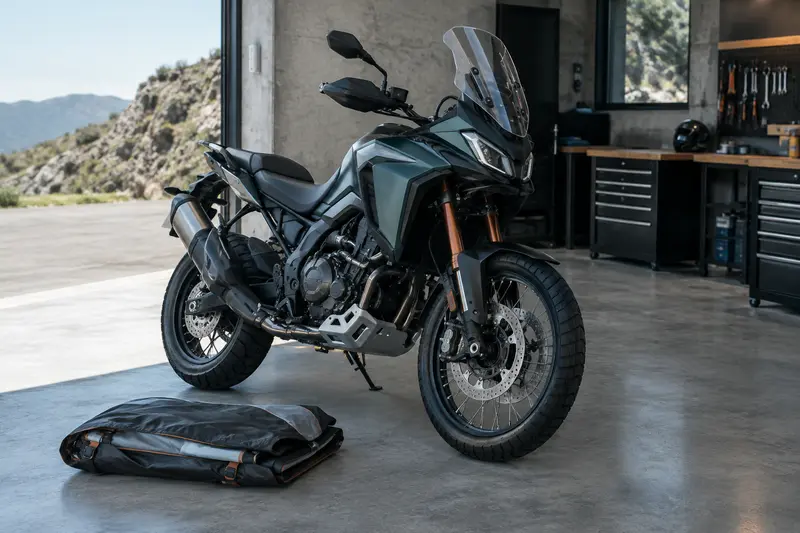 Moto avec bulle montée et housse de protection pliée à proximité