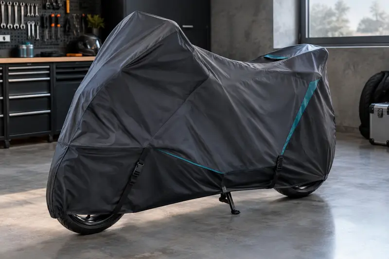 Moto recouverte d’une housse de protection dans un garage propre