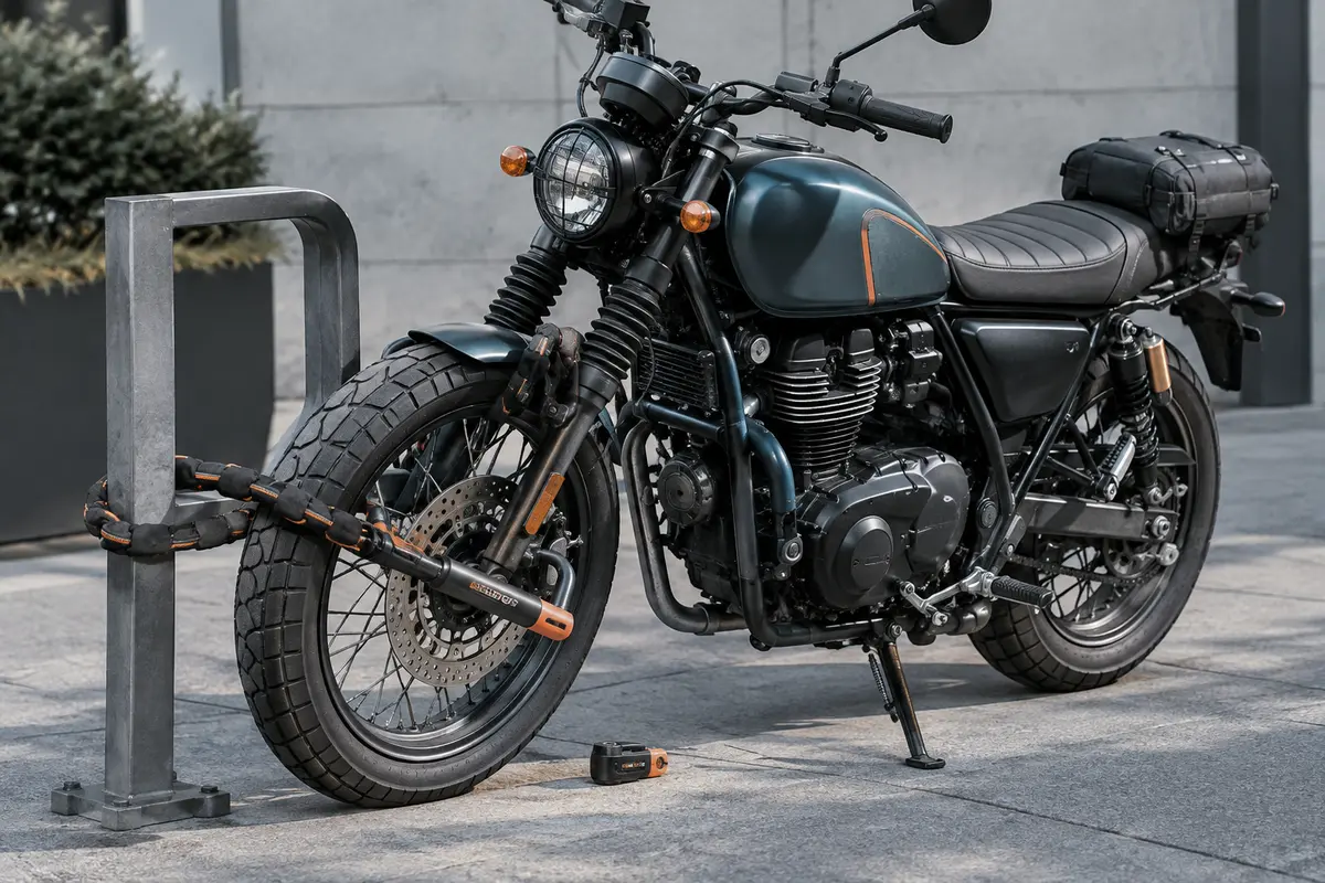 Moto stationnée avec un U, une chaîne et un bloque-disque illustrant trois formats d’antivol