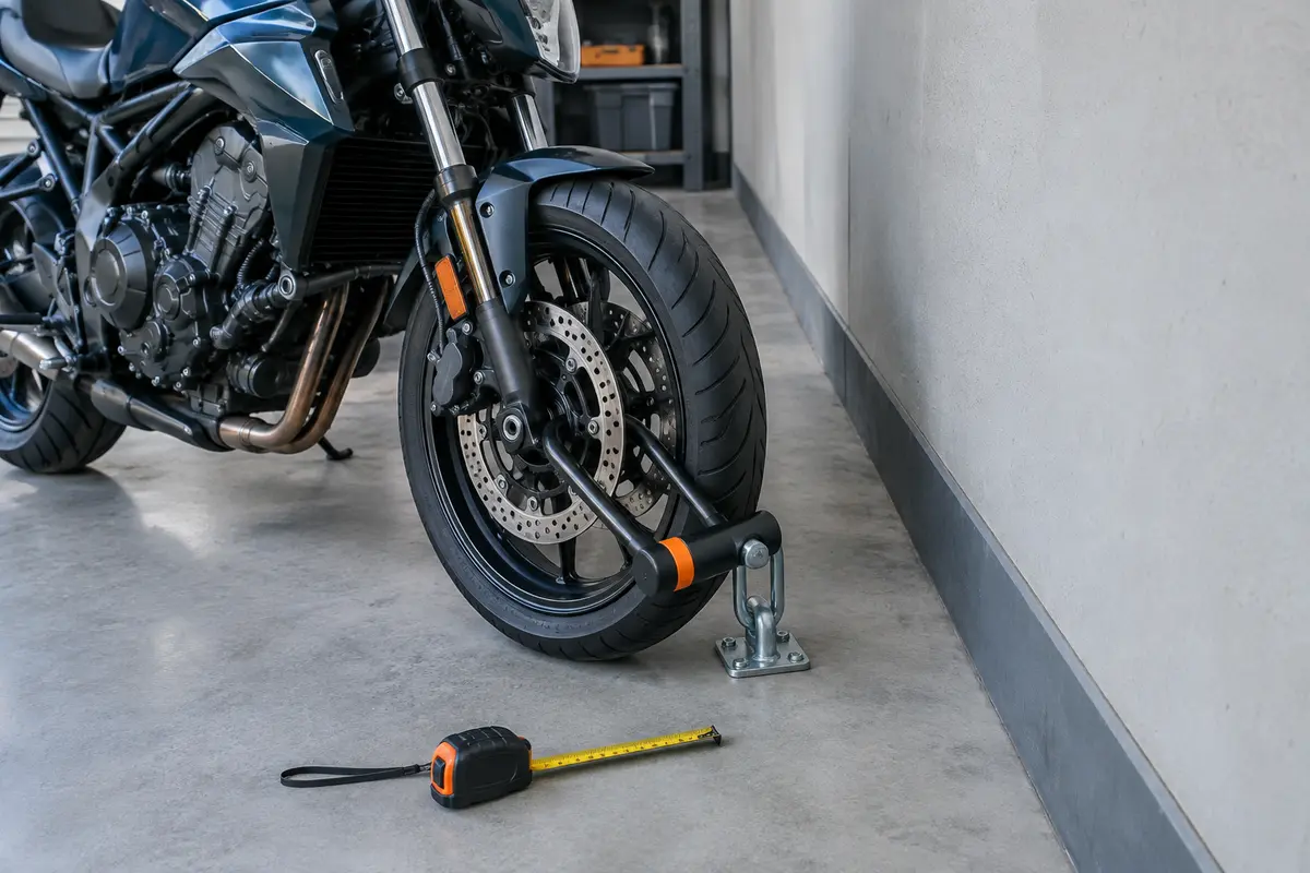 Moto attachée à un point fixe avec un antivol en U, dans un stationnement où l’espace est mesuré