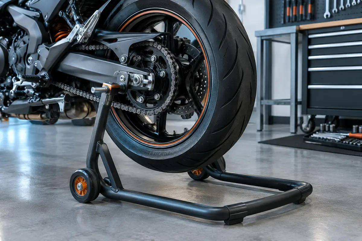 Béquille d’atelier arrière en appui sous le bras oscillant d’une moto dans un garage