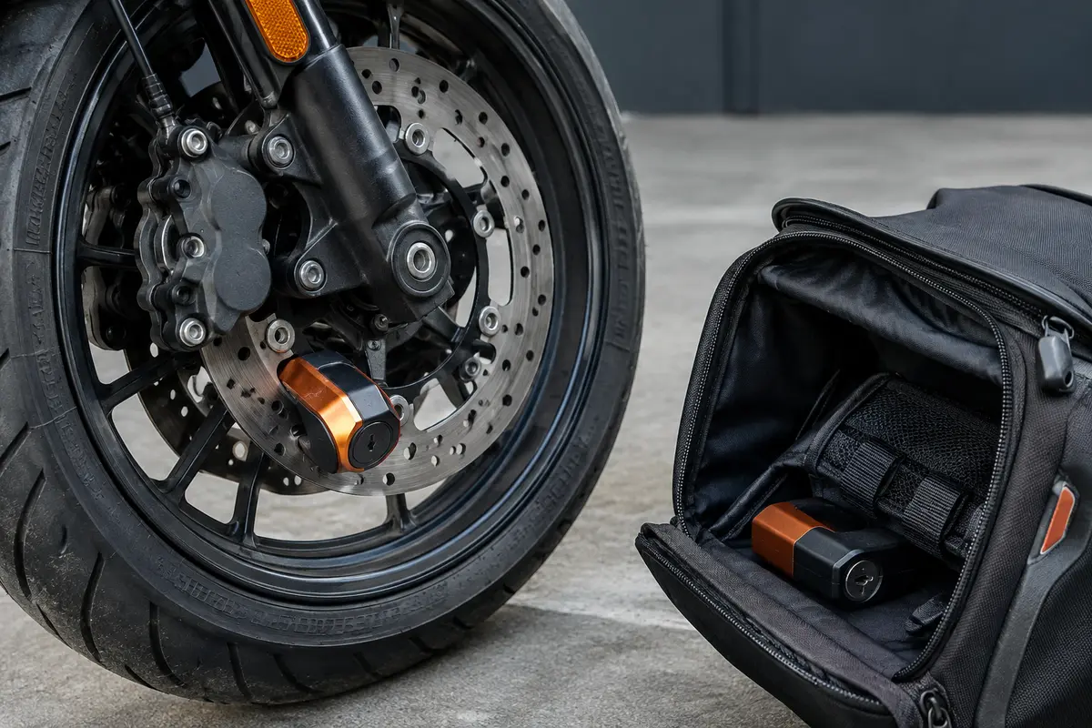 Bloque-disque engagé sur le disque avant d’une moto, près d’une sacoche de rangement.