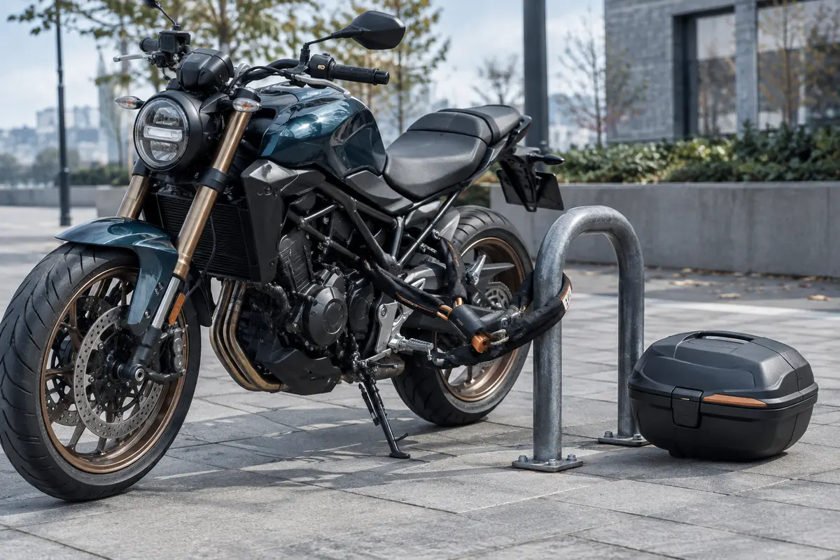 Chaîne antivol reliant une moto à un arceau fixe, avec un coffre fermé pour illustrer le rangement.