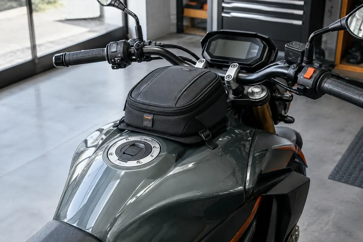 Sacoche compacte sur un réservoir de moto, sans contact avec le guidon ni masquage des instruments