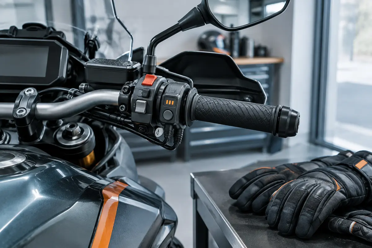 Guidon de moto équipé de poignées chauffantes et de leur commande, avec des gants d’hiver posés à côté.
