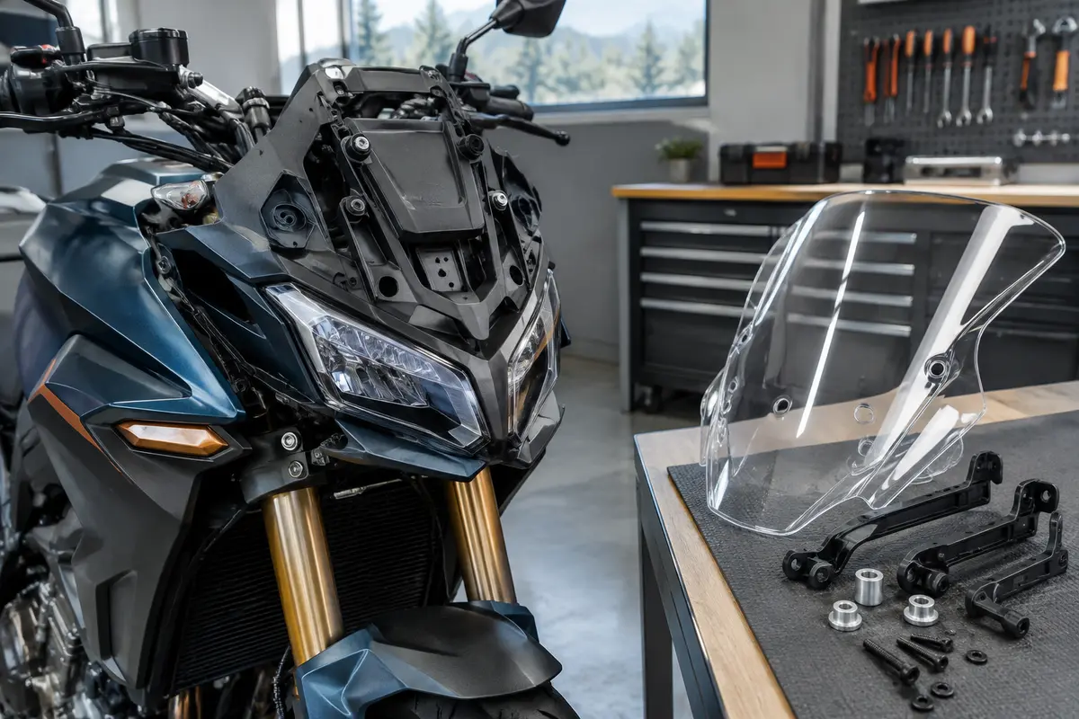 Bulle transparente et supports de fixation disposés près de l’avant d’une moto en atelier