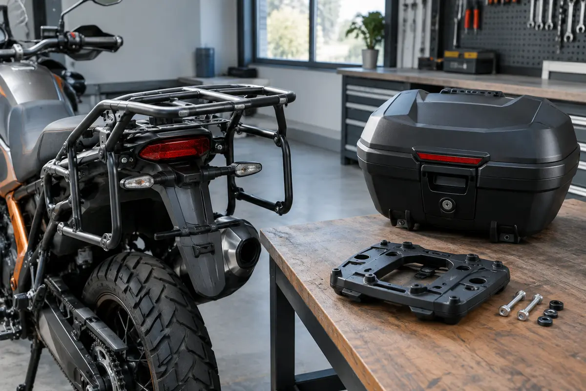 Top case, platine démontée et porte-paquets de moto présentés pour vérifier leurs fixations.