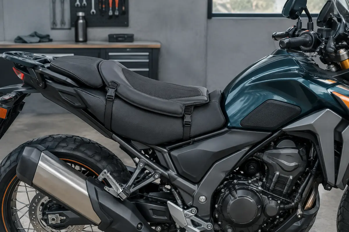 Coussin de selle installé sur une moto, avec ses contours et ses sangles de fixation visibles