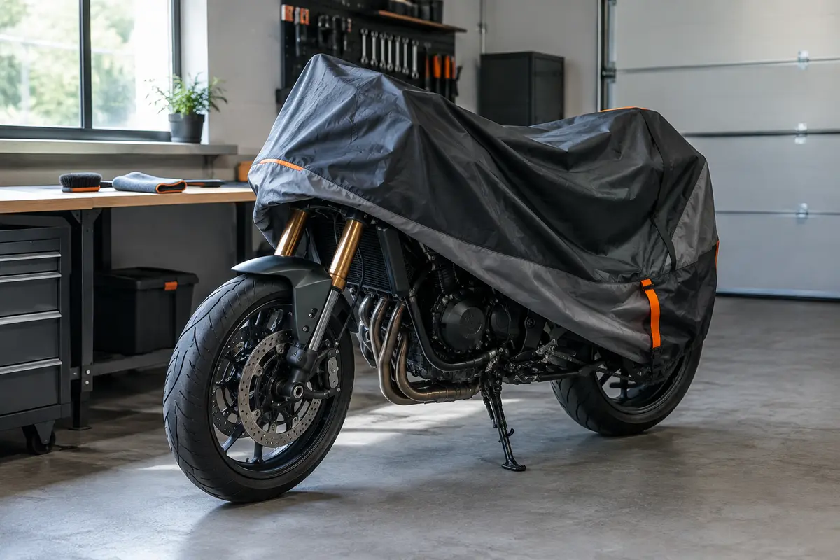 Housse moto propre et ajustée dans un garage, avec une brosse souple prête pour l’entretien.