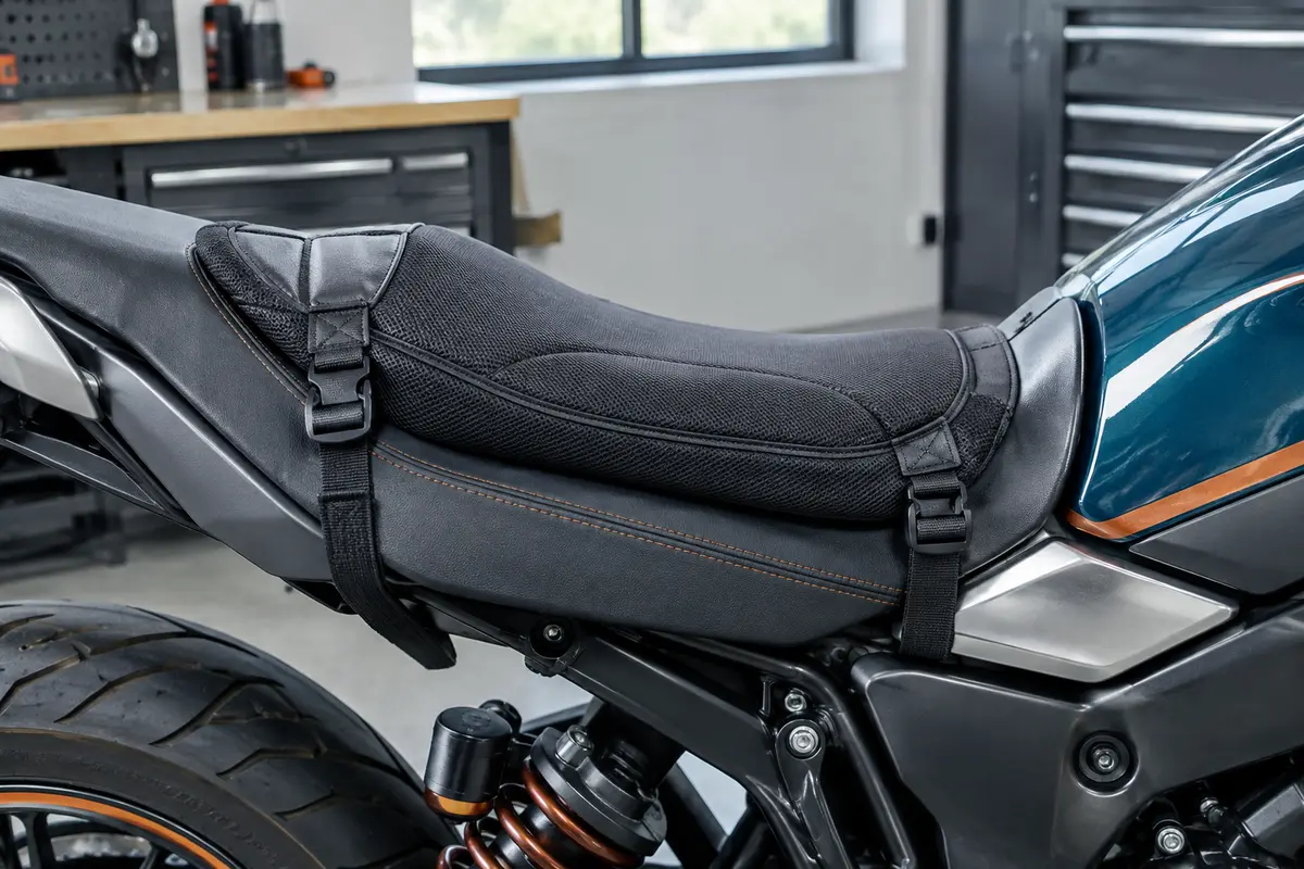 Coussin de selle moto installé sur une selle, avec ses sangles et sa housse visibles.