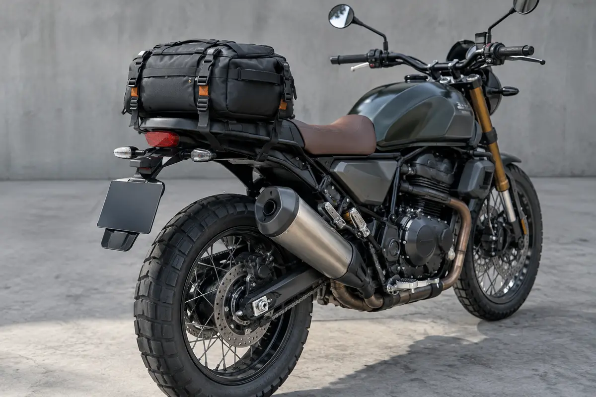 Sacoche de selle moto sanglée au centre, à distance de la roue arrière et de l’échappement
