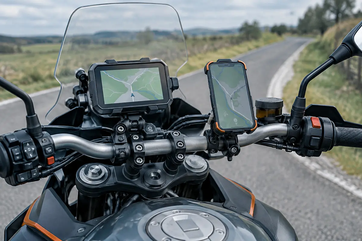 GPS moto et téléphone fixés au guidon pour comparer deux solutions de navigation