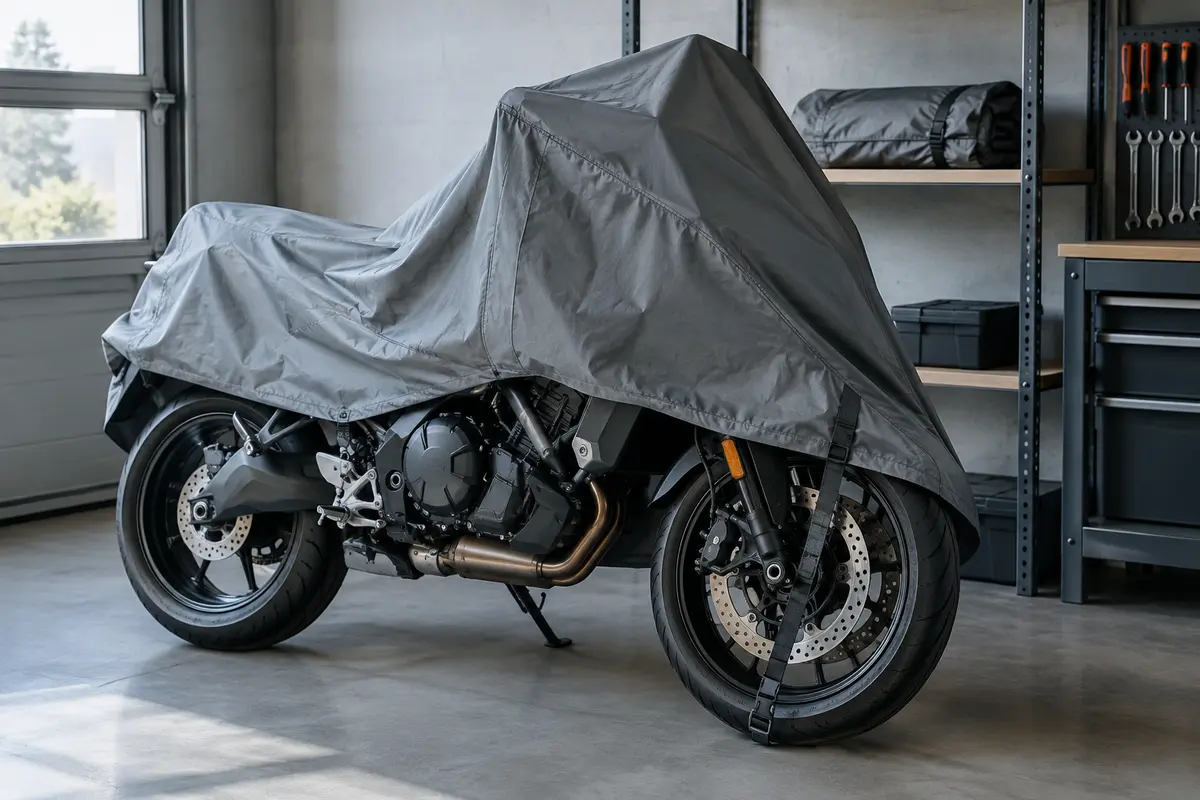 Moto partiellement recouverte d’une housse grise dans un garage propre, avec le tissu et les attaches visibles.