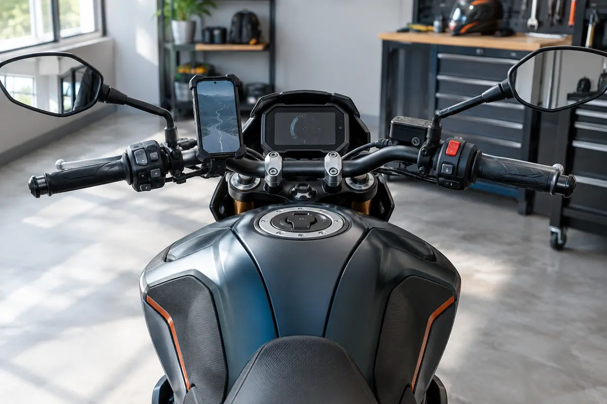 Téléphone fixé au guidon d’une moto sans masquer les instruments ni gêner les commandes.