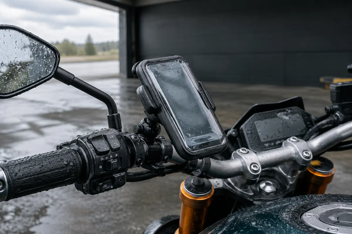 Téléphone protégé dans un support fixé au guidon d’une moto après une averse