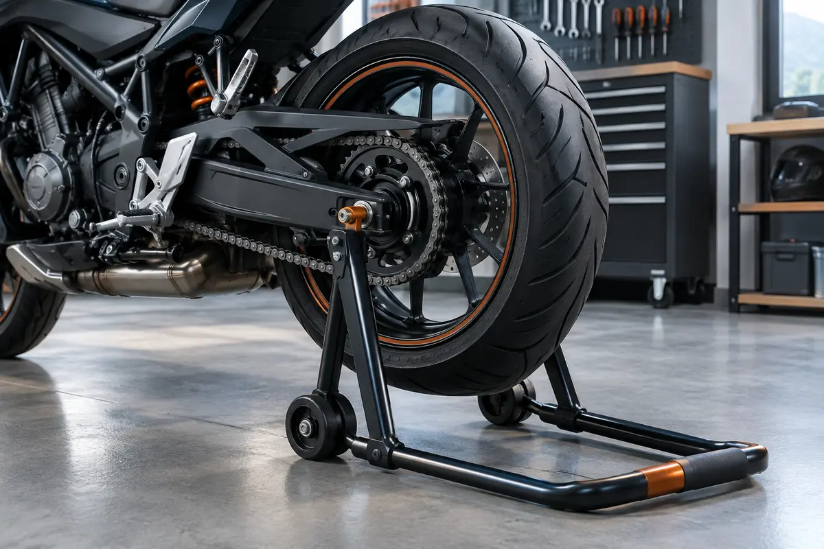 Moto stabilisée à l’arrière sur une béquille d’atelier, sur un sol plat et dégagé.