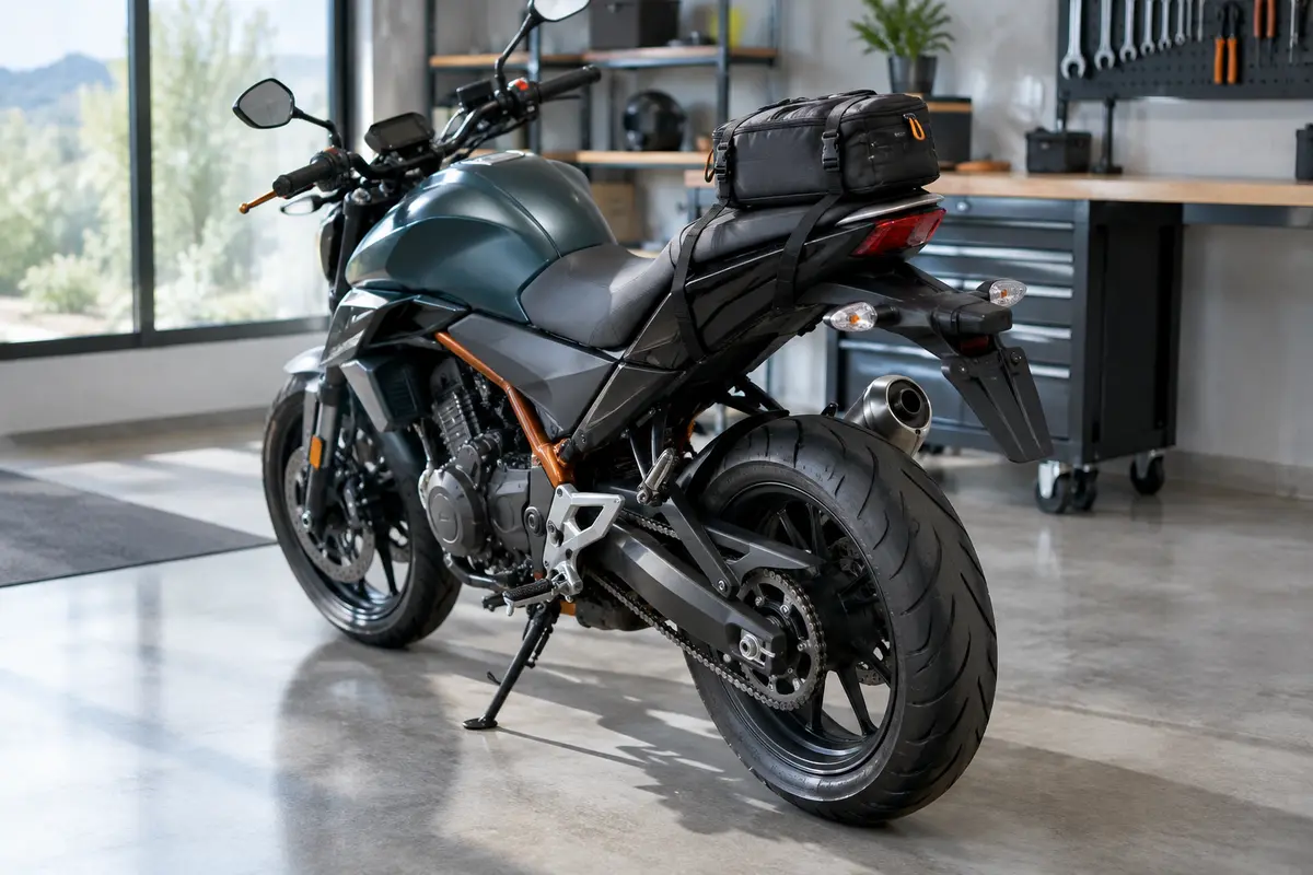 Moto compacte avec sacoche de selle fixée et antivol rangé à l’écart des surfaces peintes et des roues.