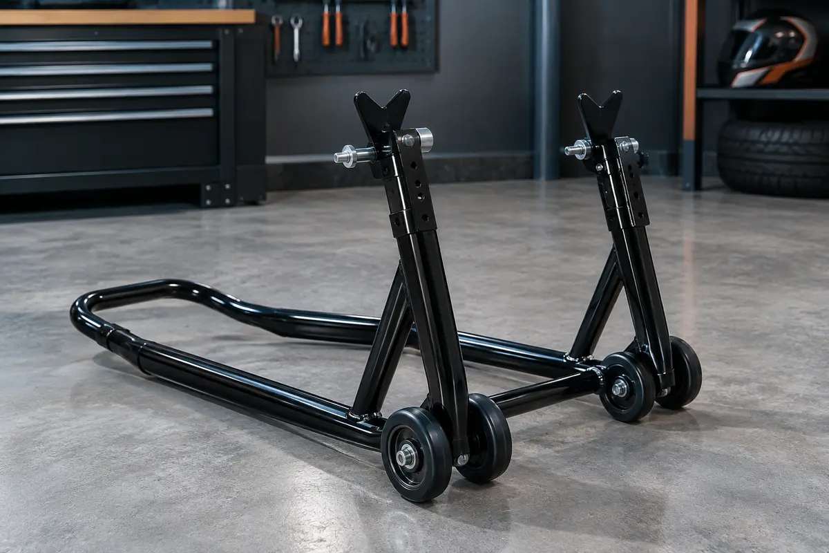 Béquille d’atelier arrière A-pro en acier noir brillant, avec quatre roues et adaptateurs en V réglables