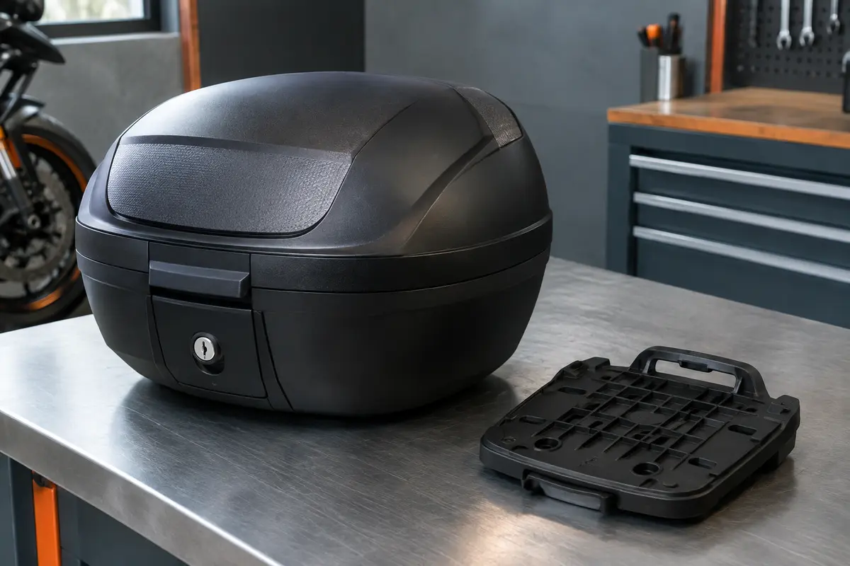 Top case moto noir en plastique rigide posé avec sa plaque de fixation dans un atelier soigné.