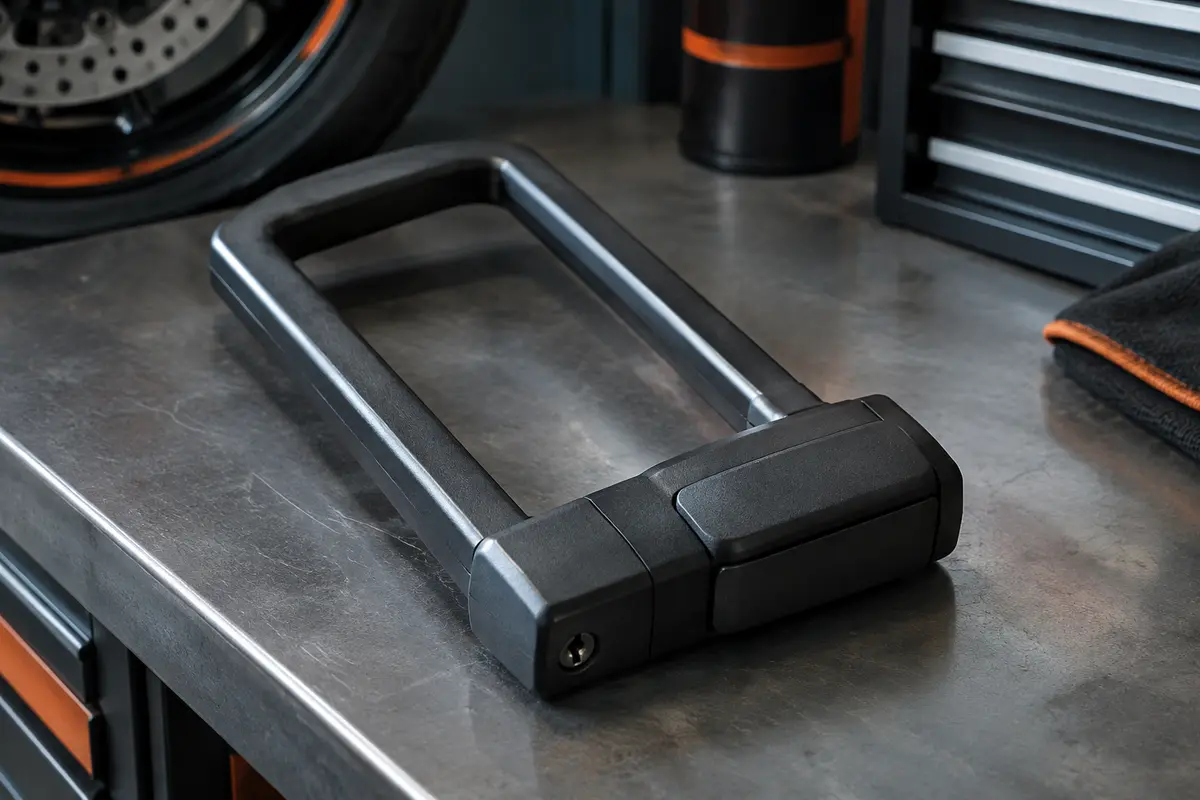 Antivol en U noir Abus Granit Extreme 59 posé sur un établi dans un atelier moto