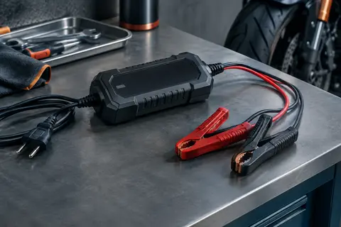 Chargeur compact noir pour batterie au plomb avec pinces crocodiles, posé sur un établi d’atelier moto.