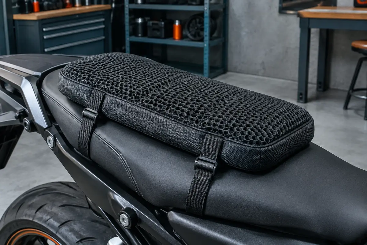 Coussin de selle moto noir à cellules en relief, posé sur une selle avec ses sangles visibles