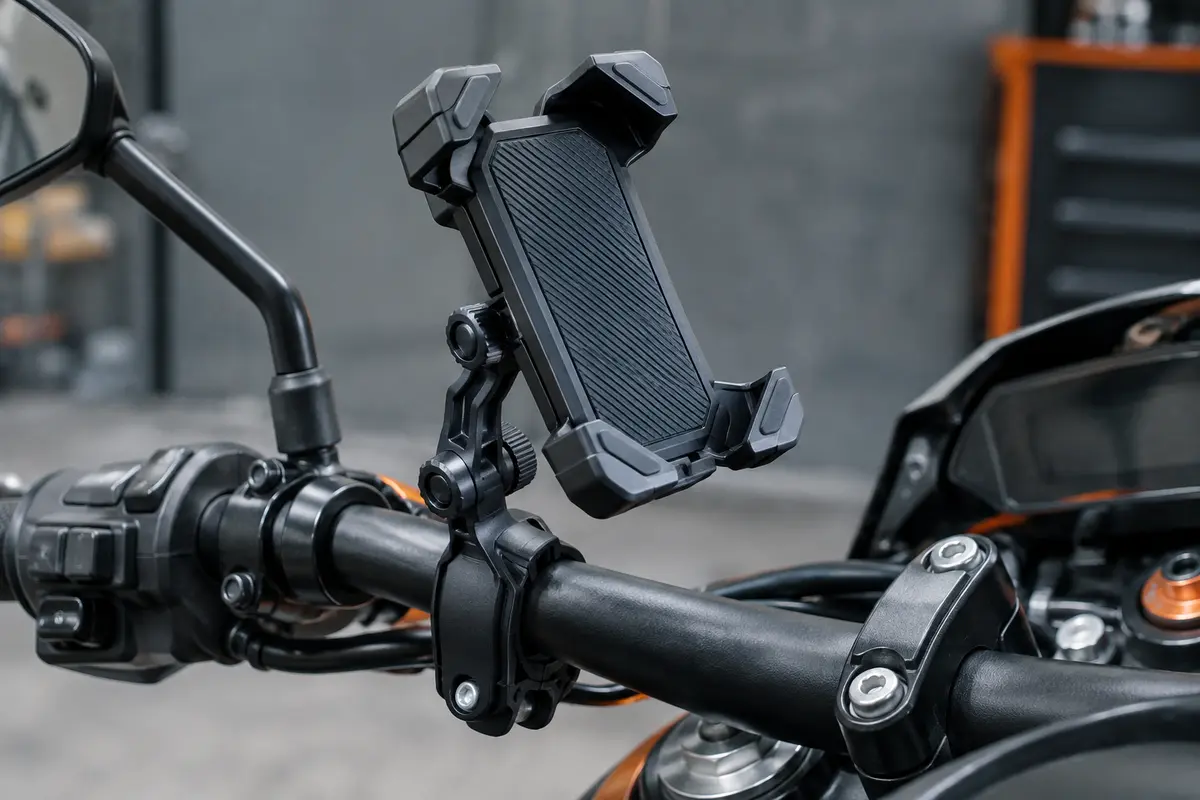Support téléphone Babacom B6C noir fixé au guidon d’une moto dans un atelier sobre