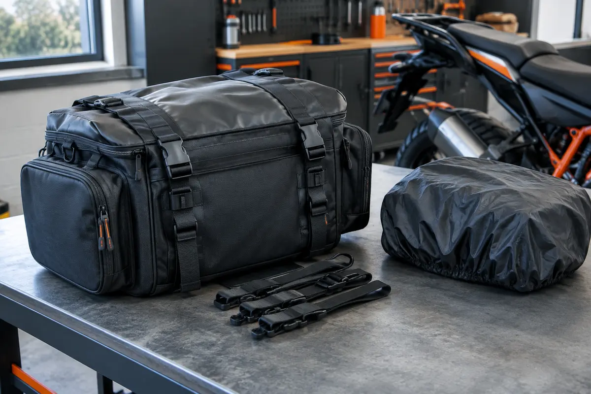 Sacoche de selle moto noire extensible avec poches zippées, sangles de fixation et housse de pluie