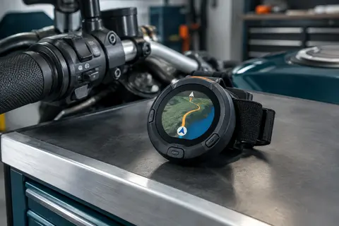 GPS moto Beeline Moto II noir à écran couleur, posé près d’un guidon avec sa fixation à sangle élastique.