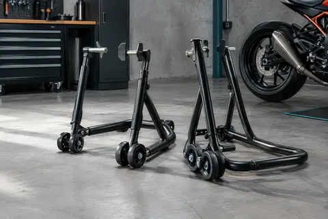 Paire de béquilles moto noires à supports réglables et roues en polypropylène, présentées dans un atelier soigné.