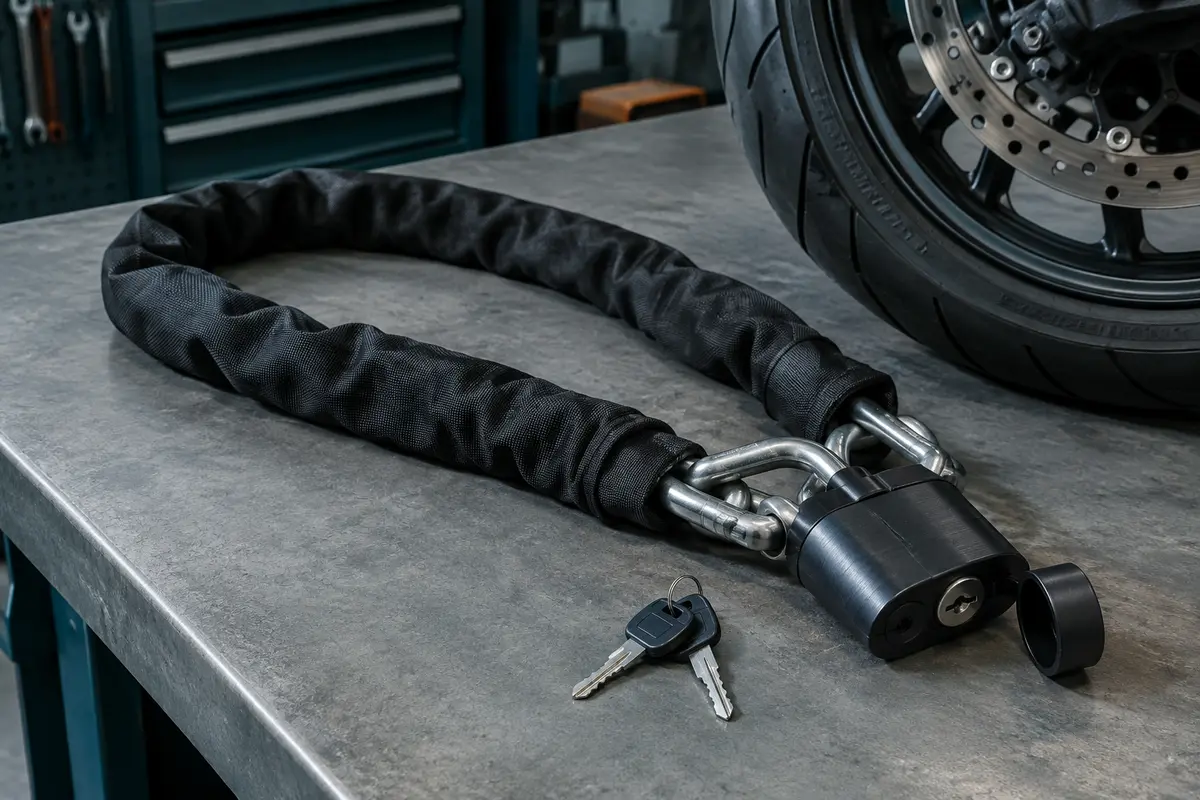 Chaîne antivol Bowfar noire à housse textile, cadenas à clé et cache de cylindre présentés dans un atelier moto
