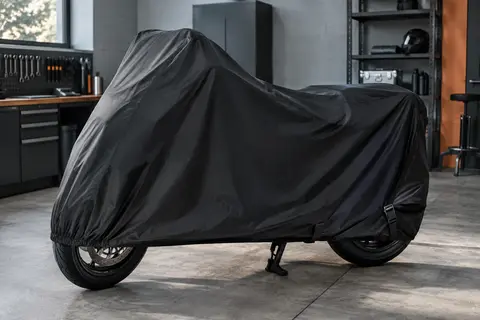 Housse de moto noire en polyester couvrant un deux-roues dans un atelier sobre