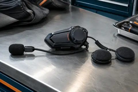 Intercom moto noir Cardo Freecom 2X avec câble et microphone présenté sur un établi d’atelier