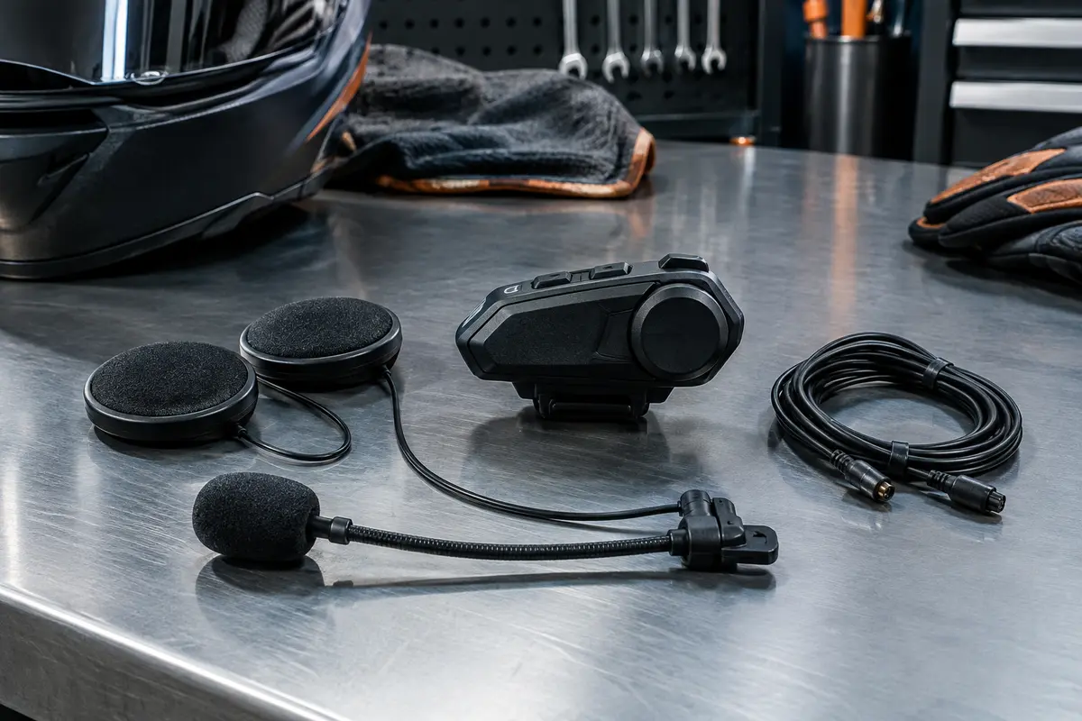 Intercom moto noir avec haut-parleurs de 32 mm, microphone et câble présentés sur un établi d’atelier