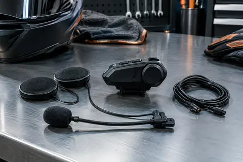 Intercom moto noir avec haut-parleurs de 32 mm, microphone et câble présentés sur un établi d’atelier