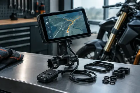 Écran Carpuride W603 monté sur son support, avec télécommande filaire et interface de navigation affichée.