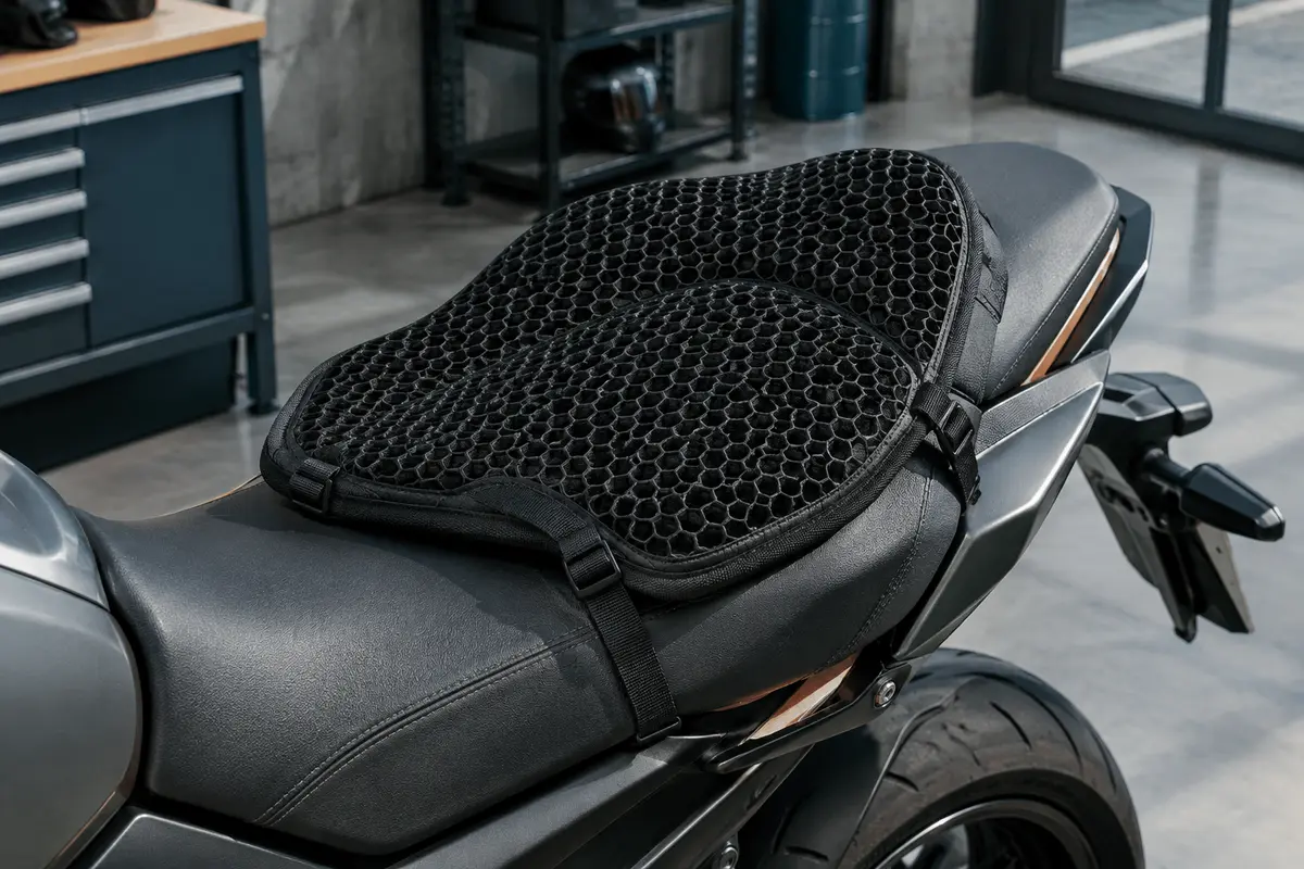Coussin de selle moto noir en gel 3D, pliable, posé sur une selle