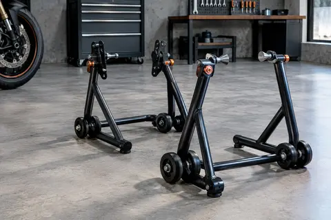Jeu de béquilles moto avant à cônes et arrière à plaques réglables, avec roues et renforts latéraux